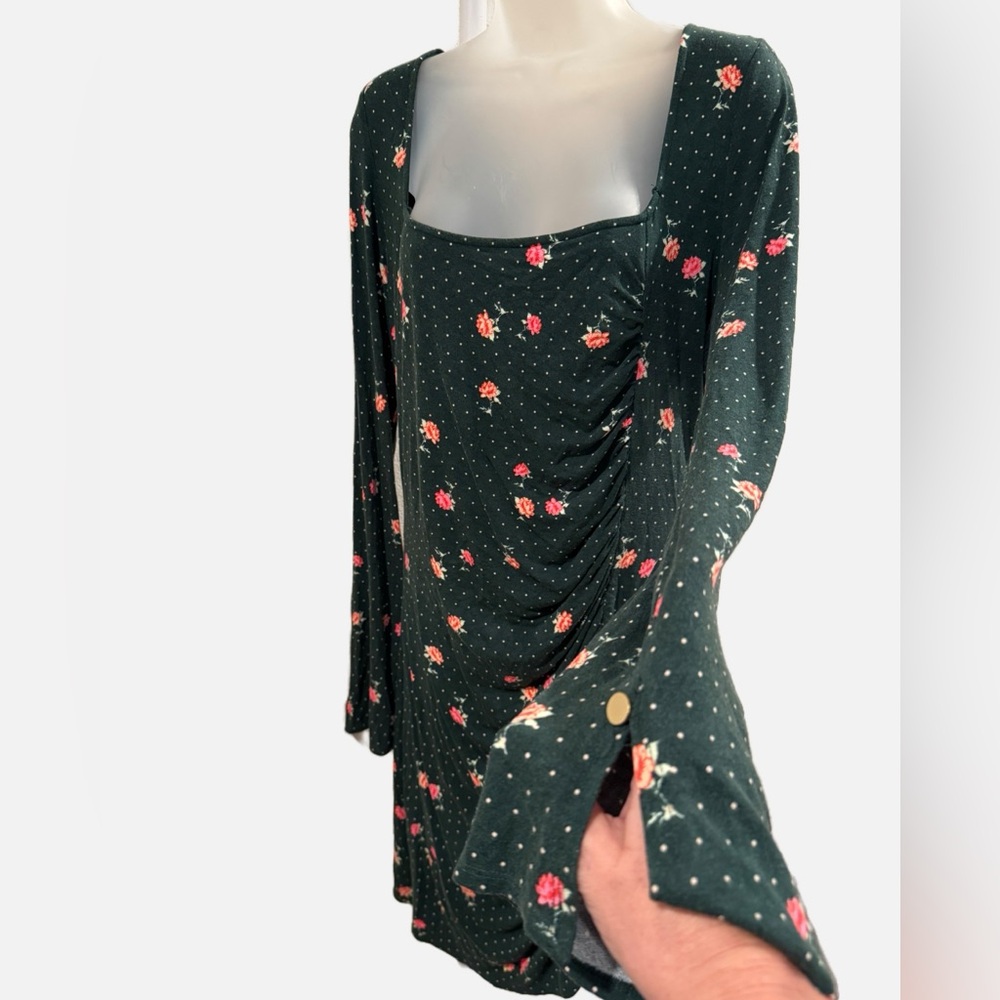 Free People | Celia Mini Dress - Emerald Jewel Floral/Polka Dot Print - Ruched - Picture 6 of 13